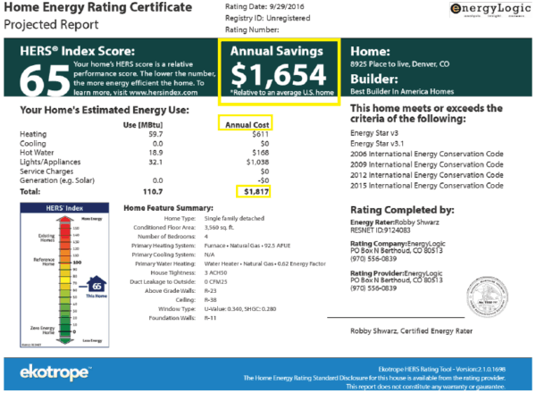 HERS score showing energy savings